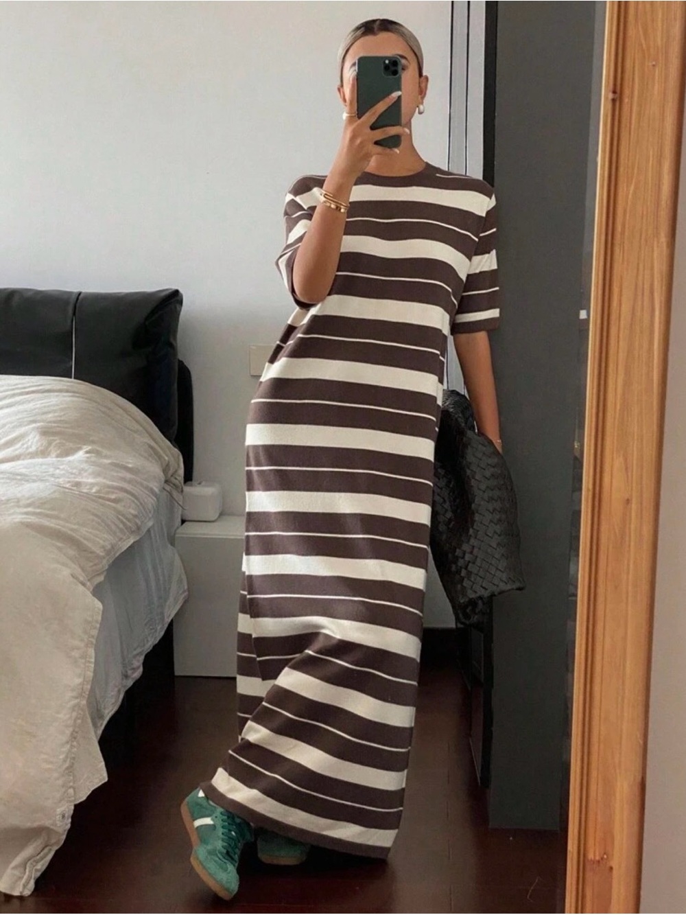 Striped Short-Sleeve Maxi Dress in Brown and White